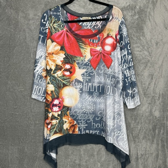 One World 1X Short Top Gray Christmas Holiday 3/4 Sleeve Scoop Neck Stretch Knit - Picture 1 of 7